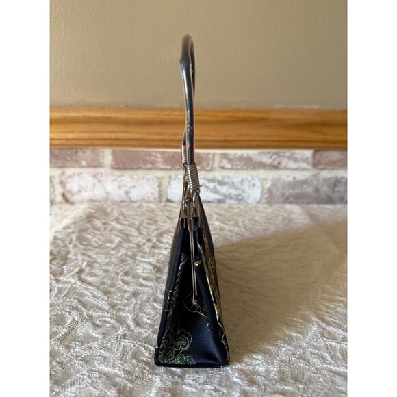 Mini Tiny Vintage Black Satin Brocade Evening Purse Metal Handle & Clasp Closure - Picture 4 of 16